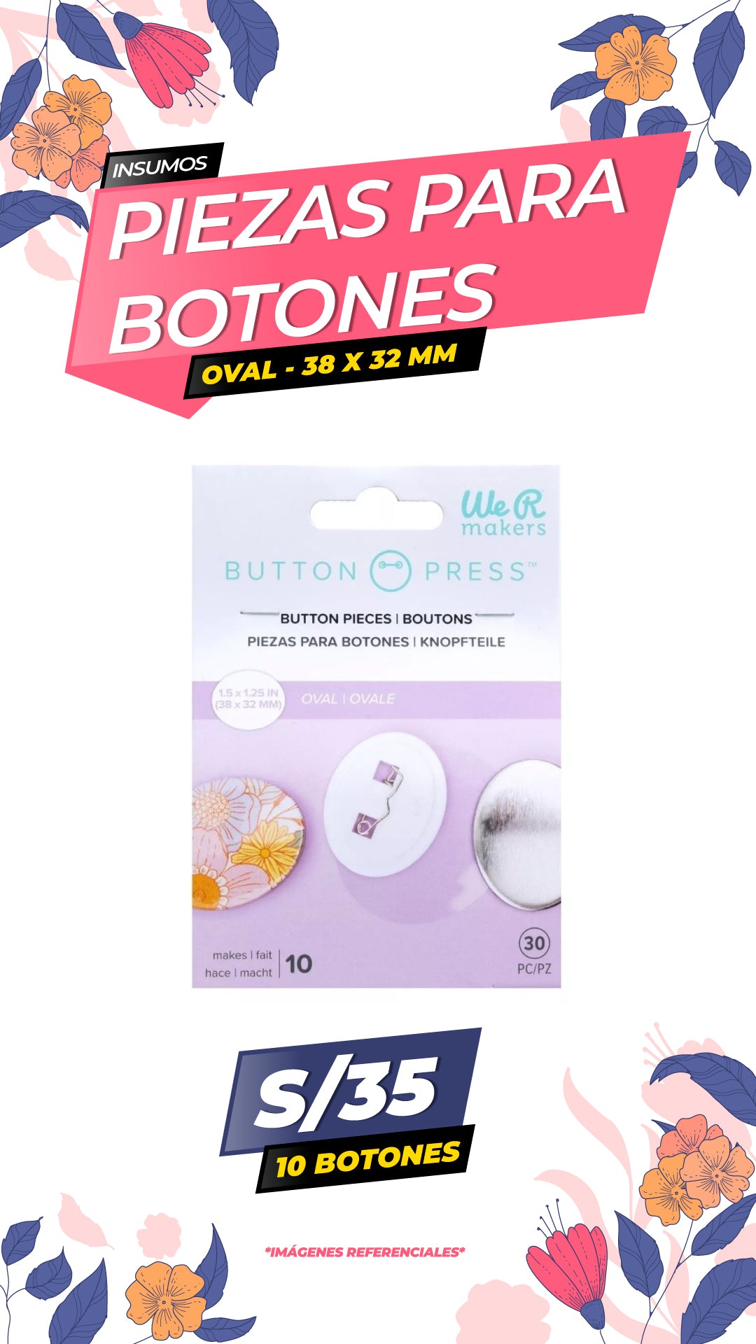 We R Makers Button Press Small Oval Pin Refill - 10 Botones
