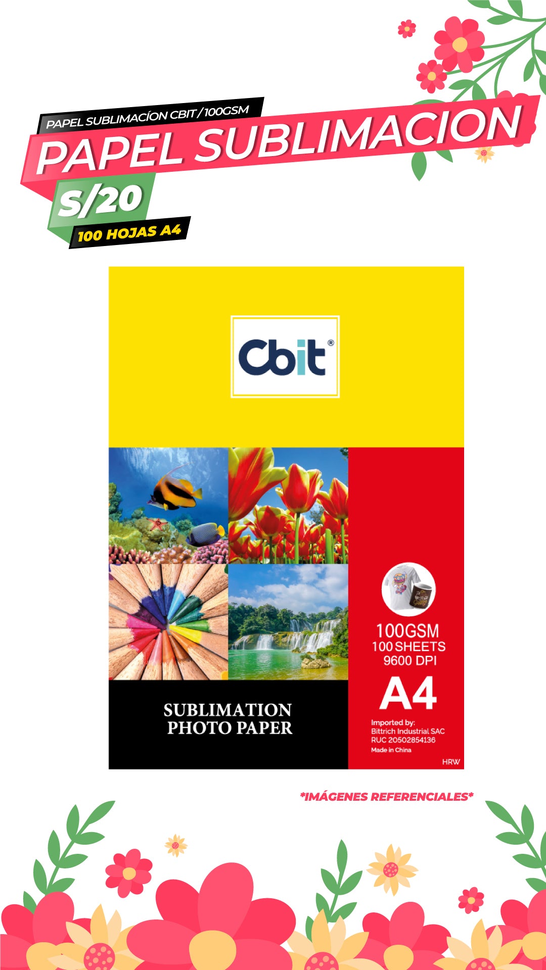PAPEL PARA SUBLIMACION DE 100GMS PACK A4X100UND / CBIT