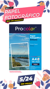 Papel Fotográfico Brillante 180 gr. A4-100H / PROCOLOR