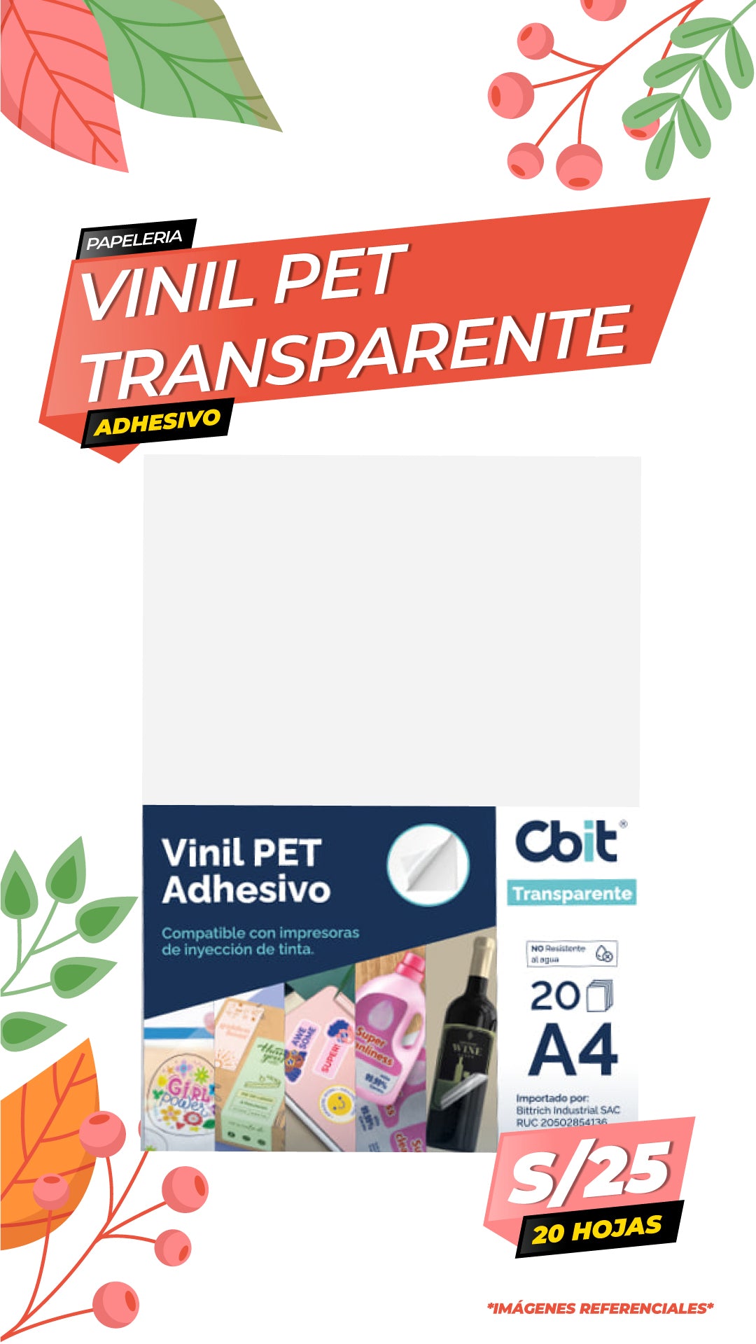 Vinil Adhesivo Pet Transparente Brillante. A4-20H Cbit