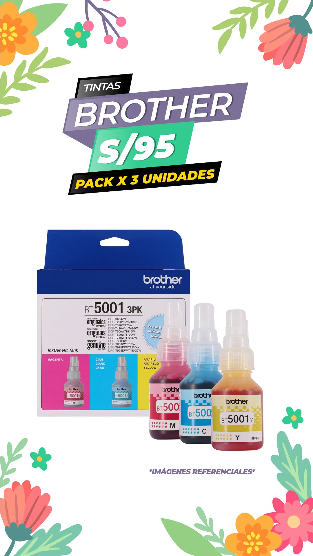 Pack de 3 Tintas Brother BT-5001 Cyan + Magenta + Yellow 3PK-TANK