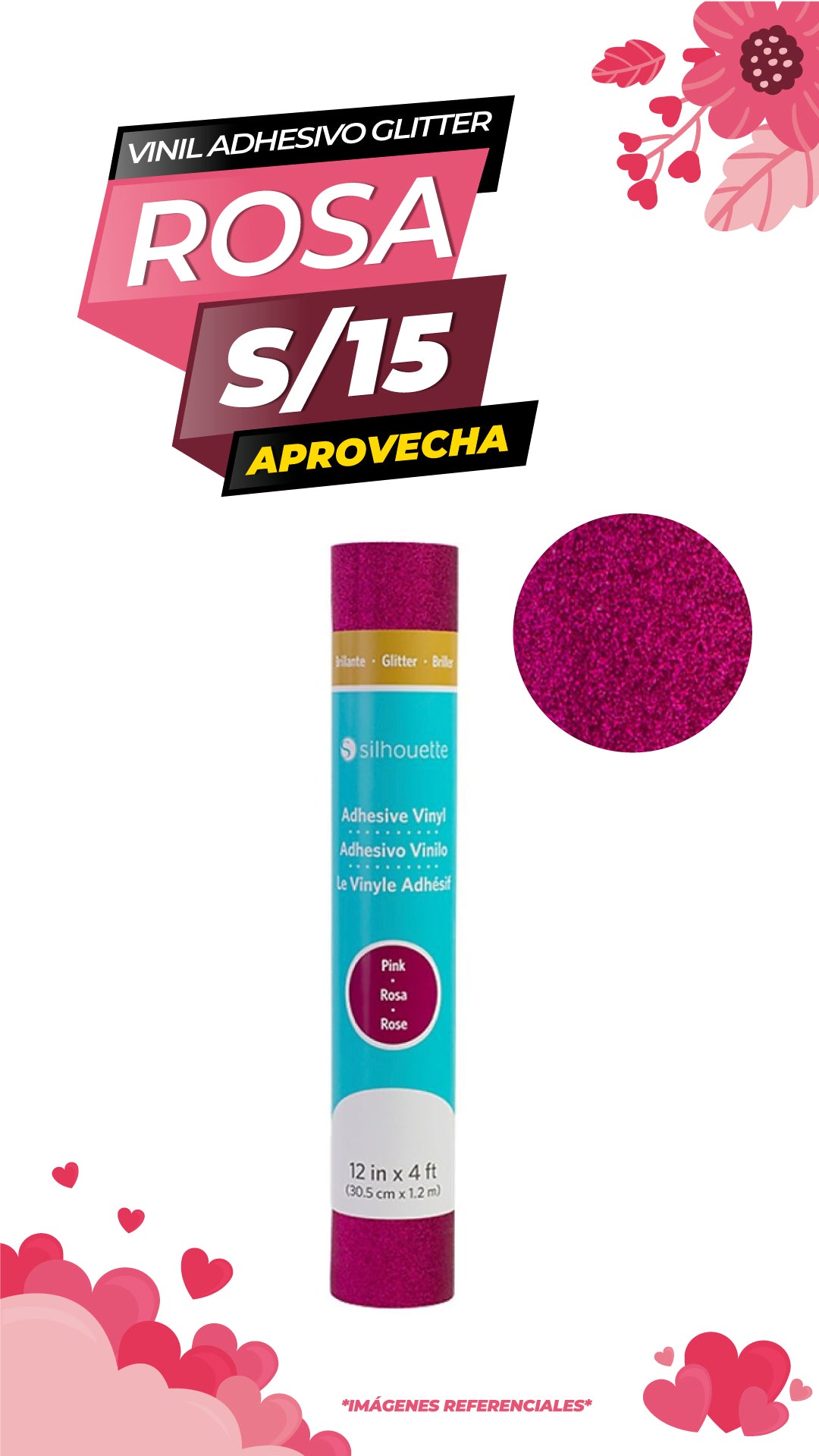Vinil adhesivo Silhouette Glitter  30.5x1.2m - Rosa