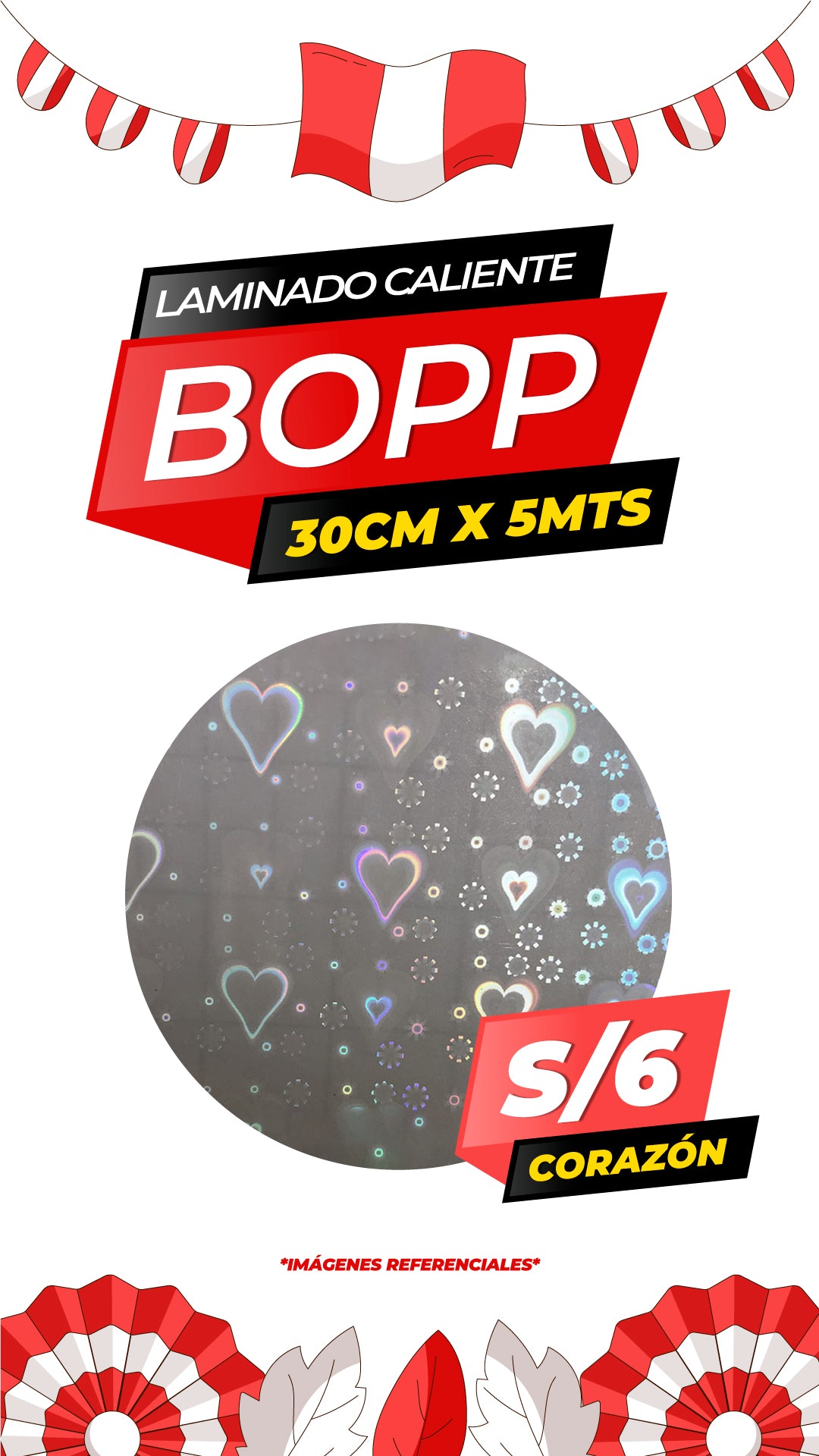 Rollo bopp holográfico CORAZÓN / 30CMX5M