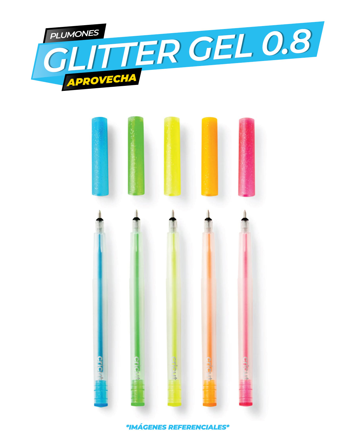 SET DE 5 BOLIGRAFOS GLITTER GEL NEON CRICUT EXPLORE Y MAKER (0,8 mm)/CRICUT