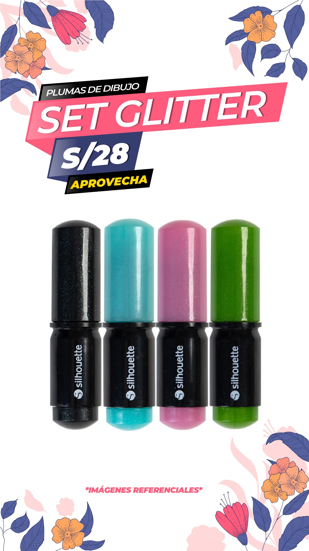 KIT DE 4 BOLIGRAFOS 0.5MM GLITTER / SILHOUETTE