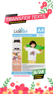 Papel Transfer Textil Inkjet x 10 unidades A4 - Prendas Claras / Lideart