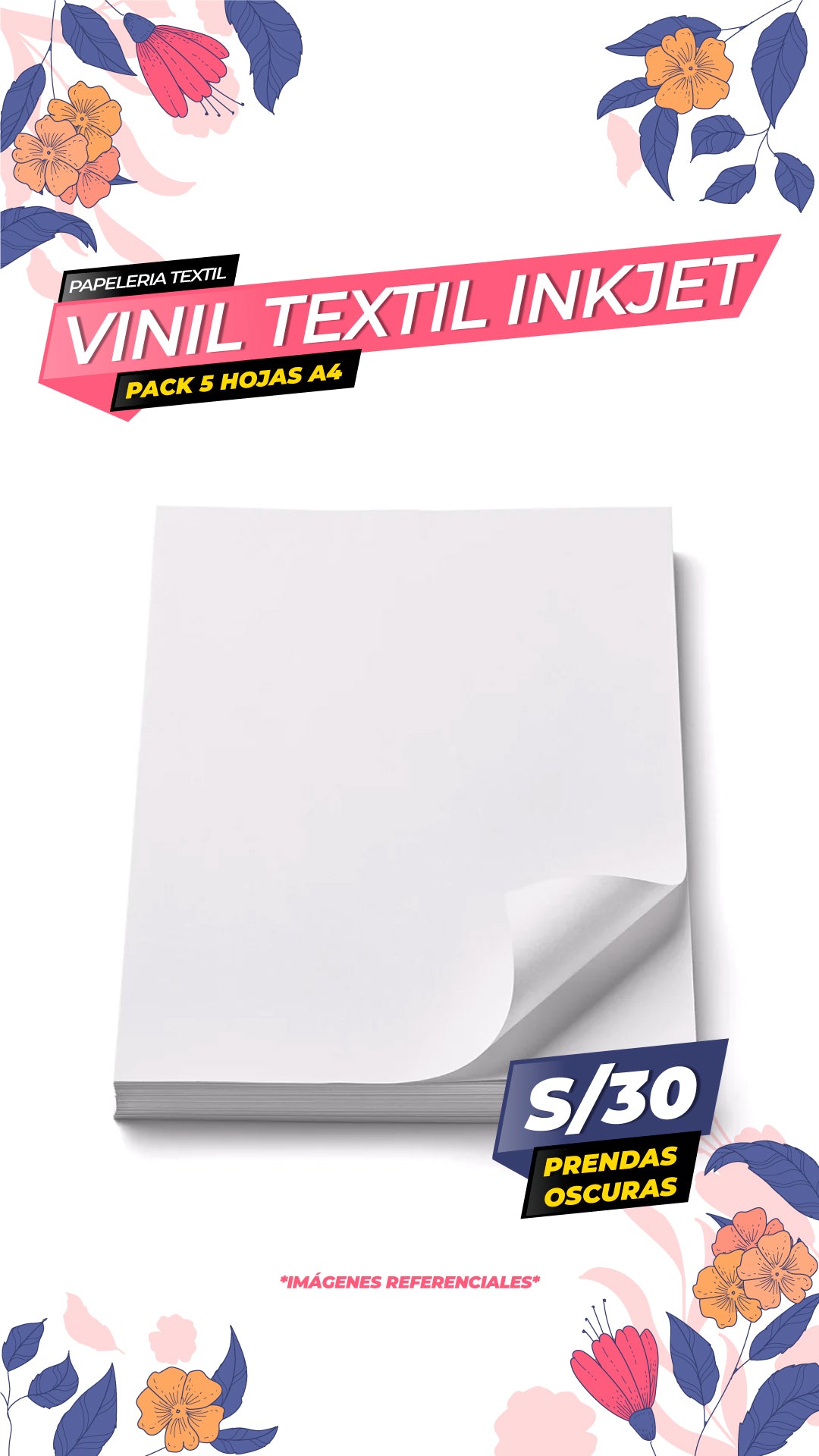 Vinil Textil Imprimible Inkjet  A4 x5 unds -  Prendas oscuras