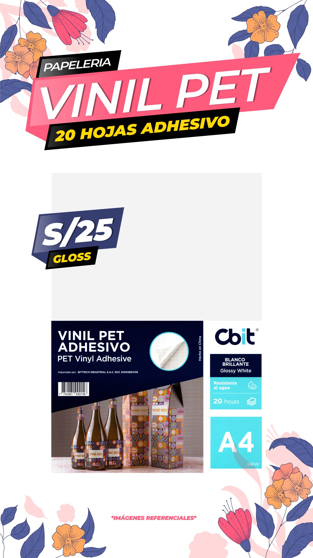 Vinil Adhesivo Pet Blanco Brillante. A4-20H Cbit