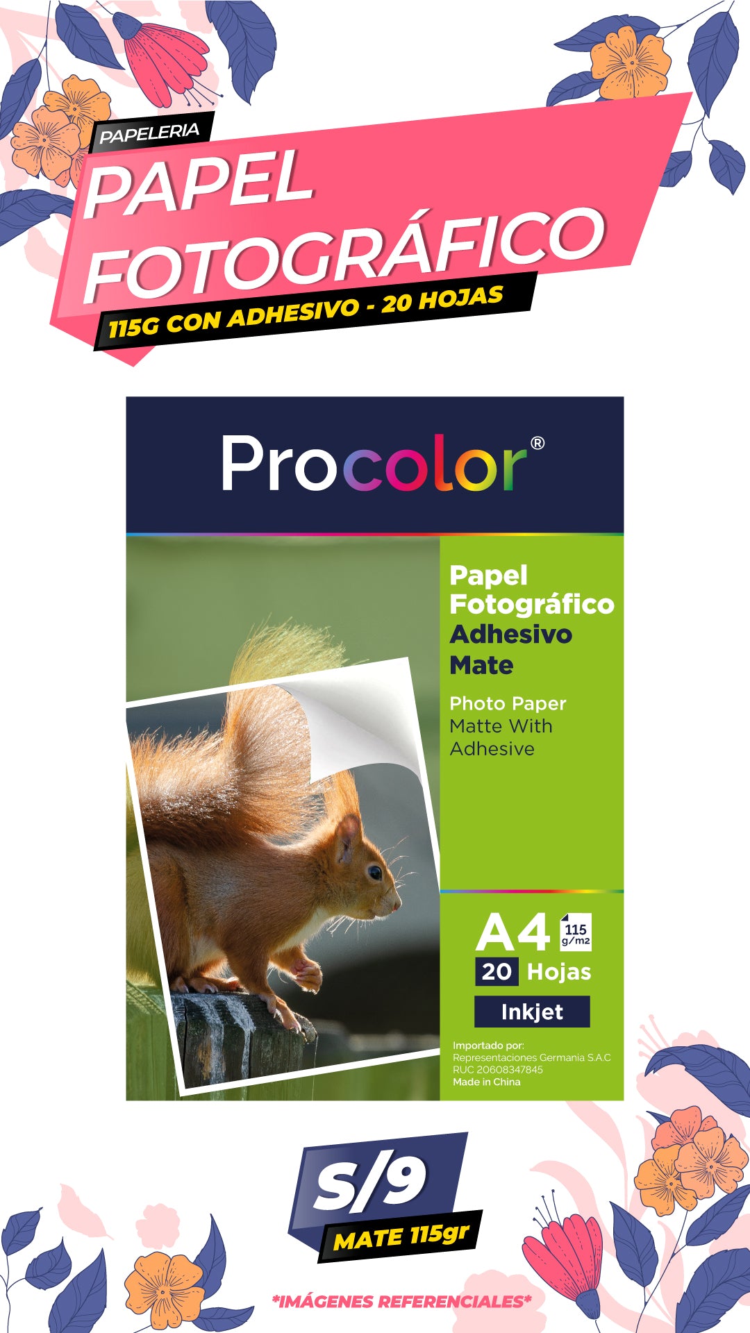 Papel Fotográfico Adhesivo Mate 115 gr. A4-20H Procolor