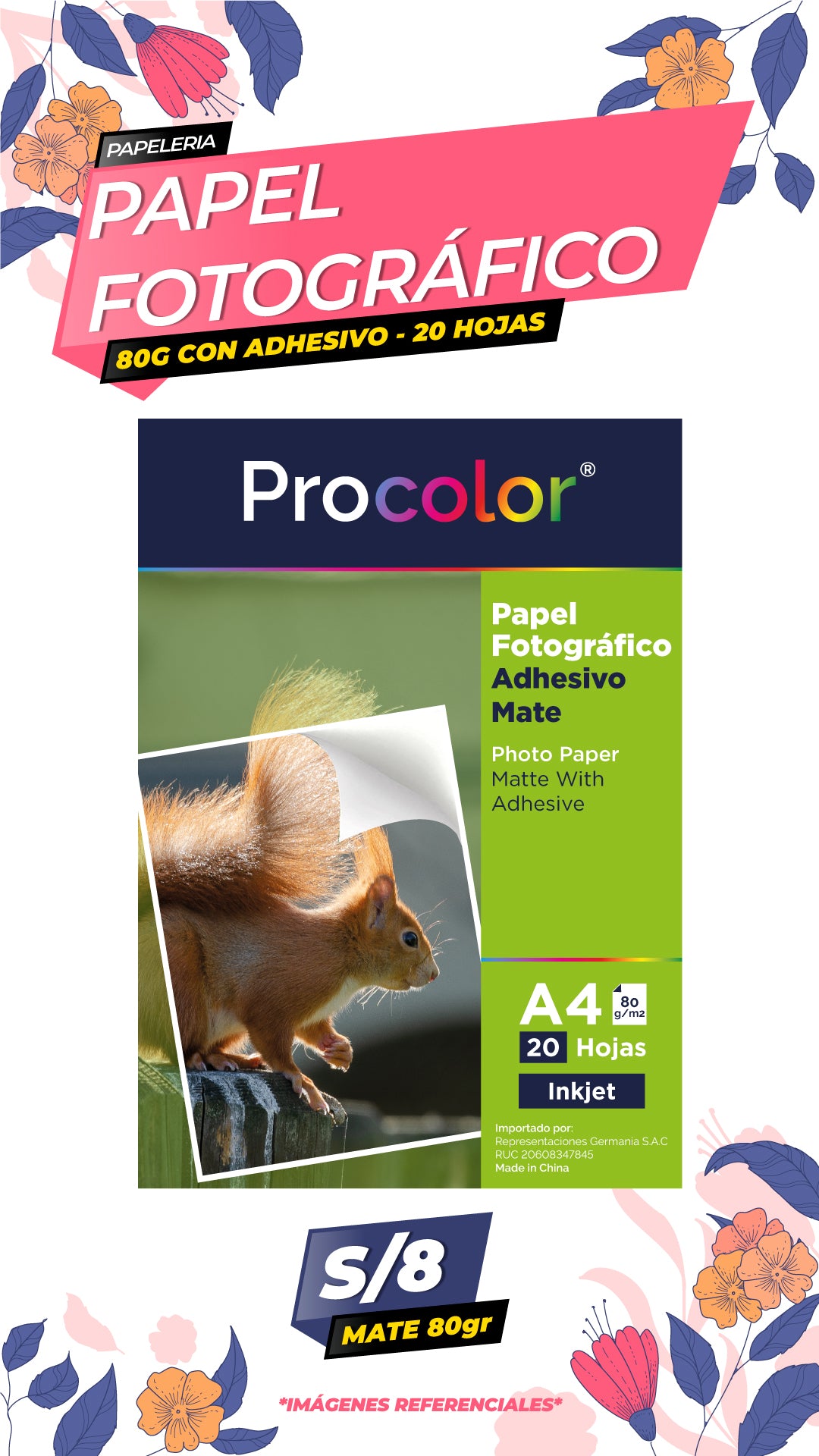 Papel Fotográfico Adhesivo Mate 80 gr. A4-20H Procolor
