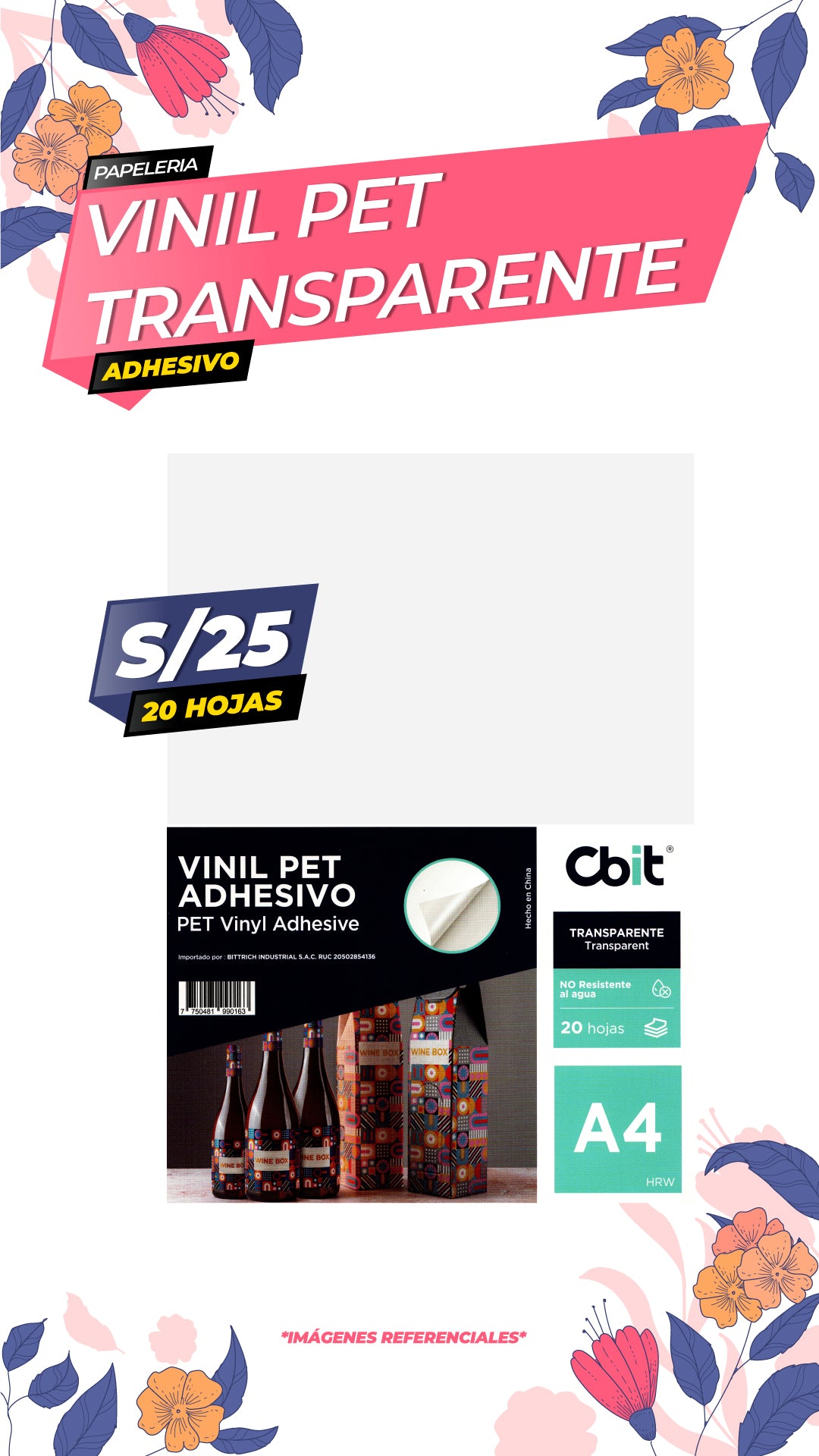 Vinil Adhesivo Pet Transparente Brillante. A4-20H Cbit