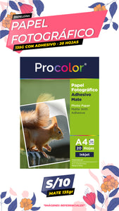 Papel Fotográfico Adhesivo Mate 135 gr. A4-20H Procolor
