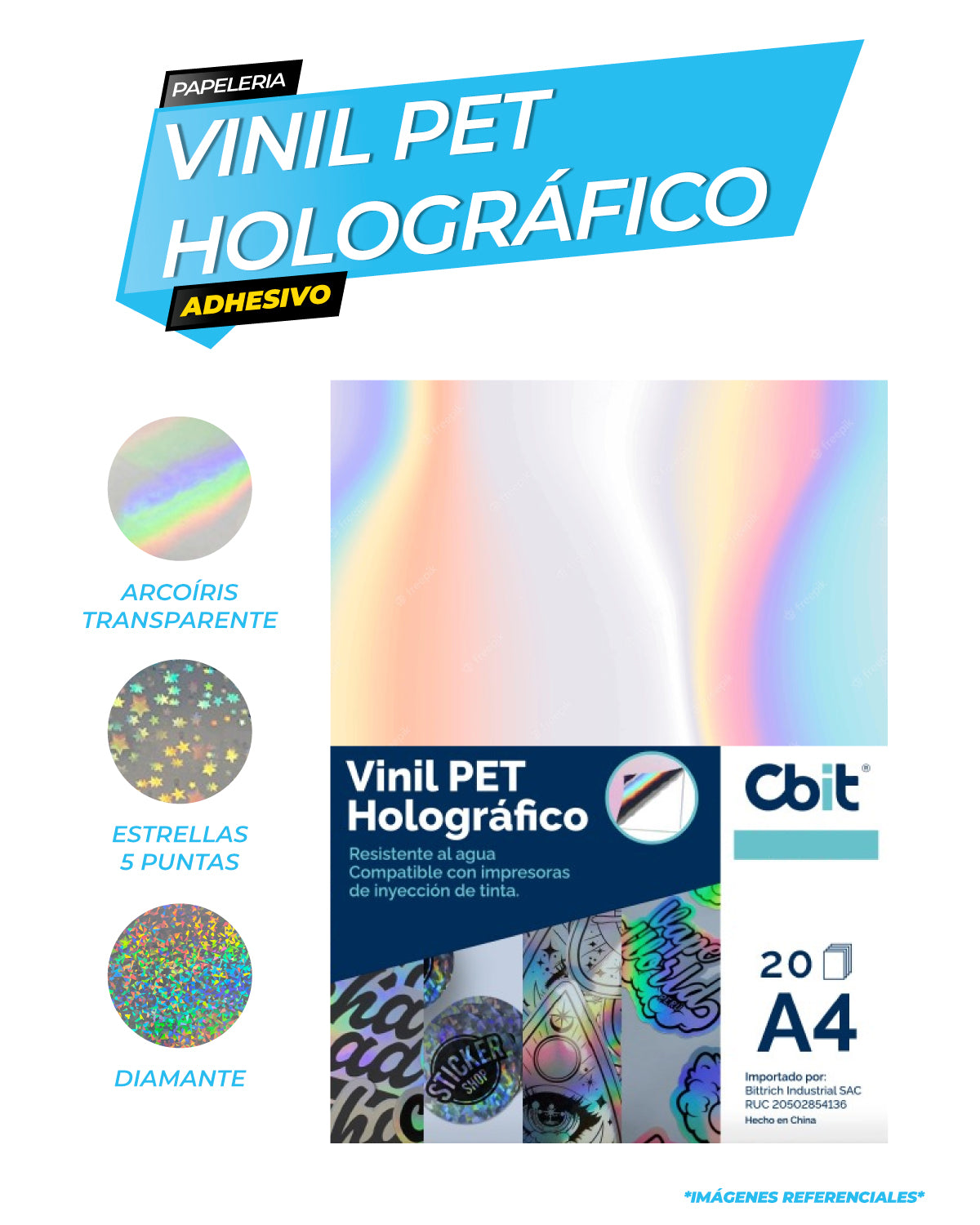 Viniles adhesivos imprimibles PET Holográficos modelos varios. A4-20H Cbit