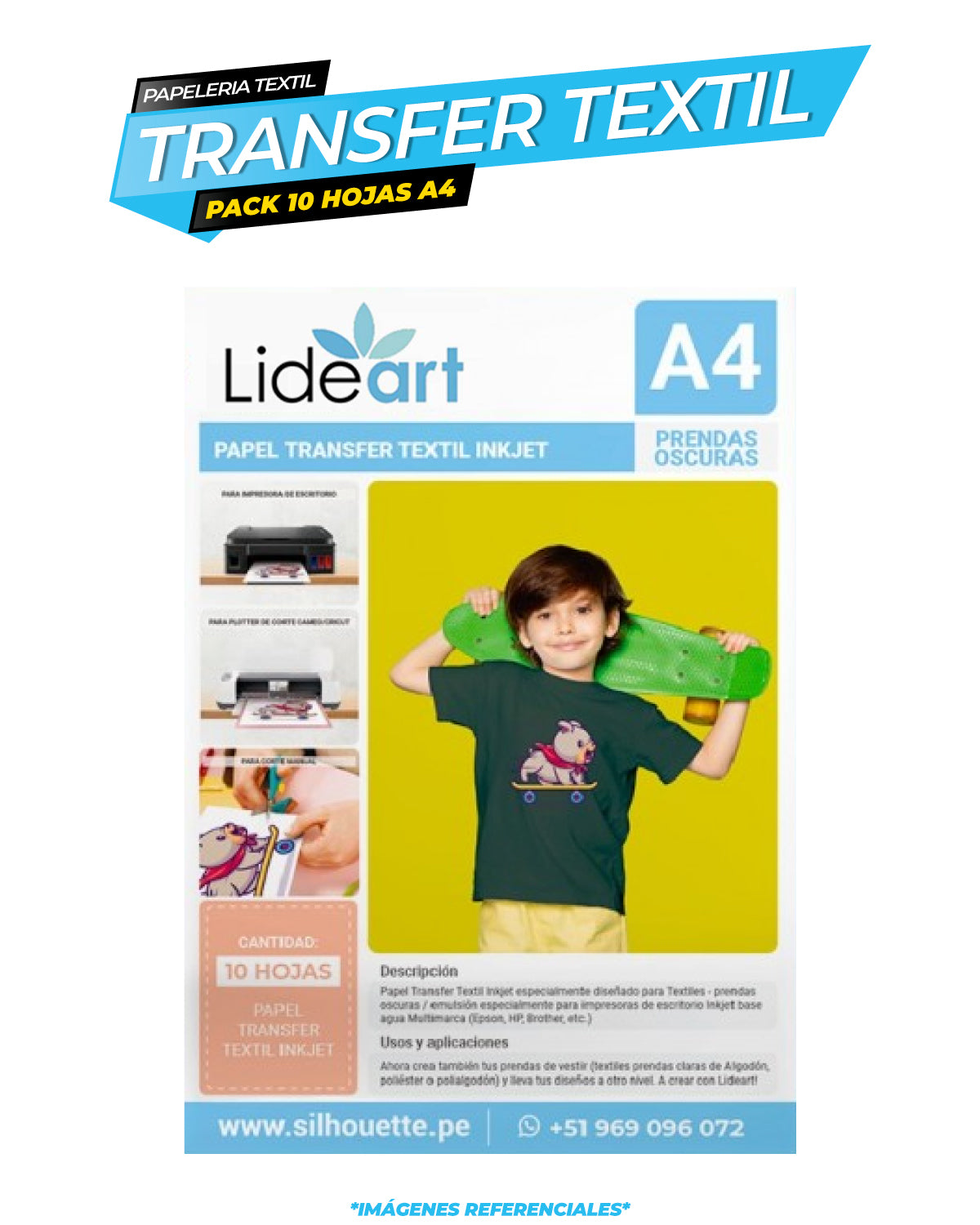 Papel Transfer Textil Inkjet x 10 unidades A4 - Prendas Oscuras / Lideart